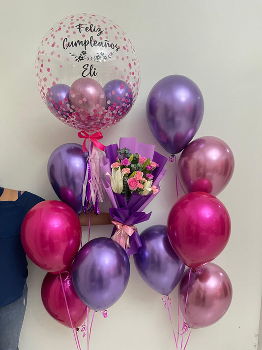 Purple Lilies Floral Bouquet + Bubble & Chrome Balloons