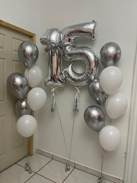 Silver Numbers & 12 Chrome & Mate Balloons