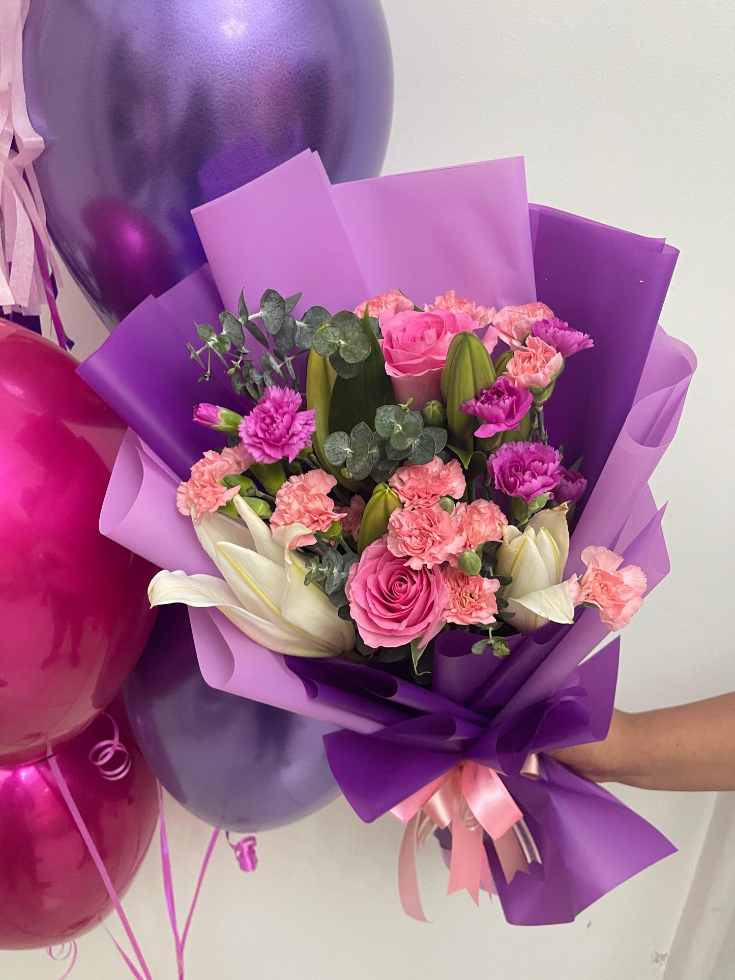 Purple Lilies Floral Bouquet + Bubble & Chrome Balloons