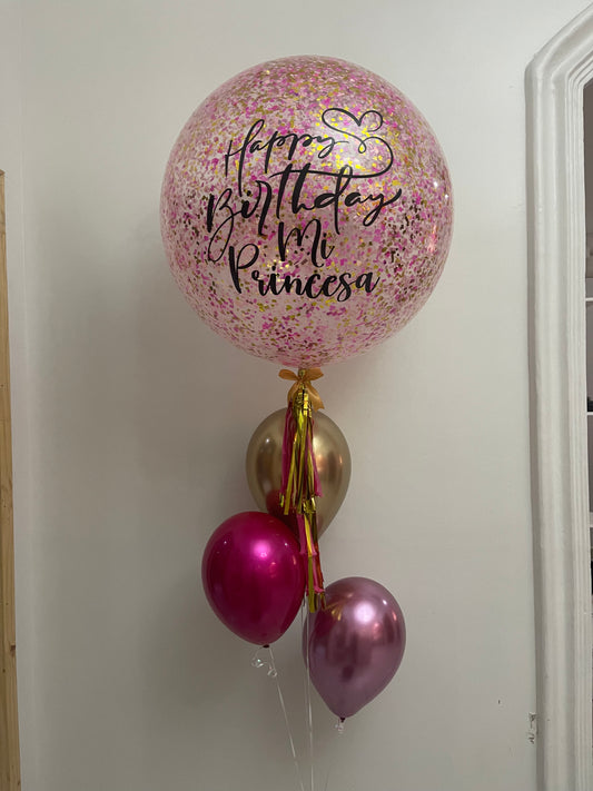 Big ‘’24’’ Fucsia & Gold Balloon & 3 Balloon Bouquet