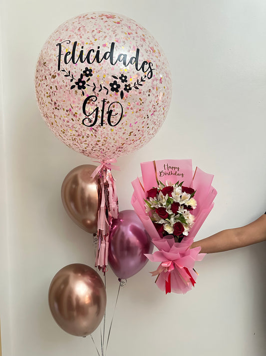 Belleza & Amor Bouquet + Big Balloon & 3 Chrome Balloons