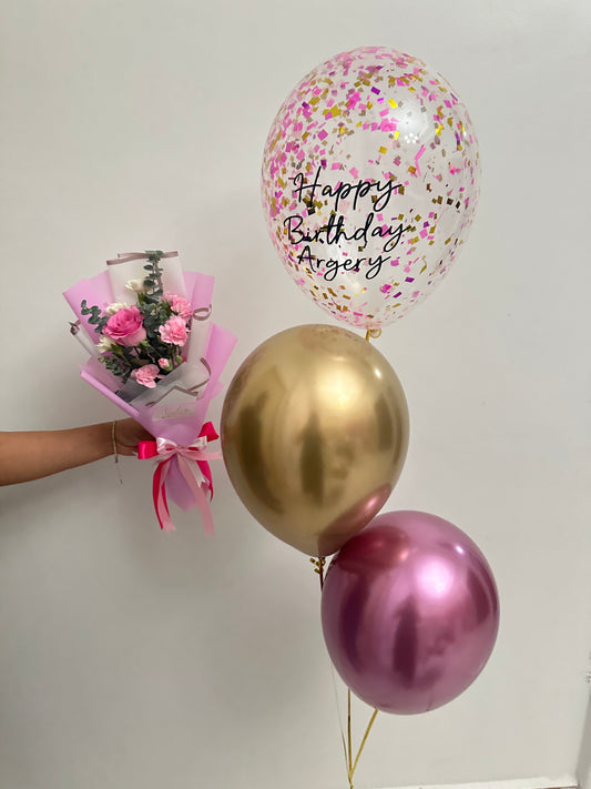 Single Pink Rose & Balloons