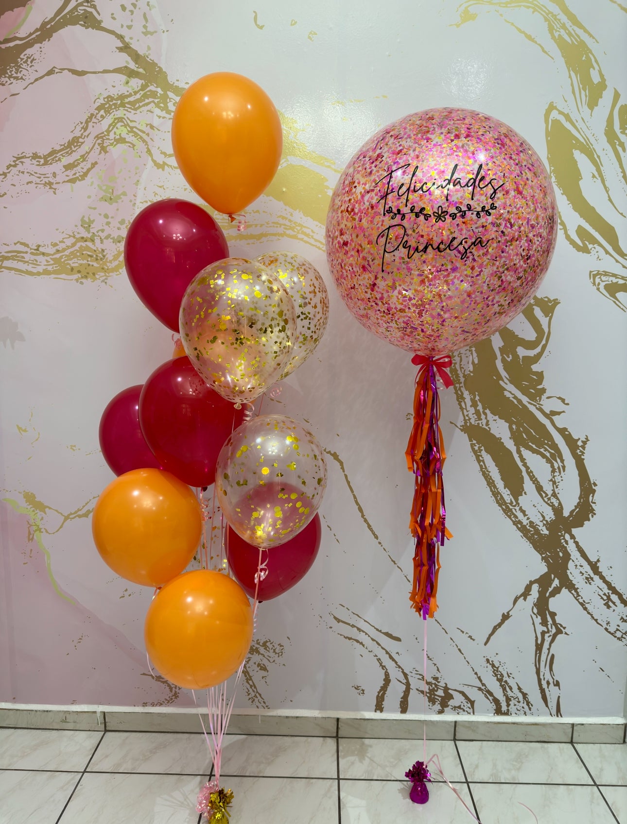 Big Fucsia & Orange Balloon & 12 Balloons Bouquet